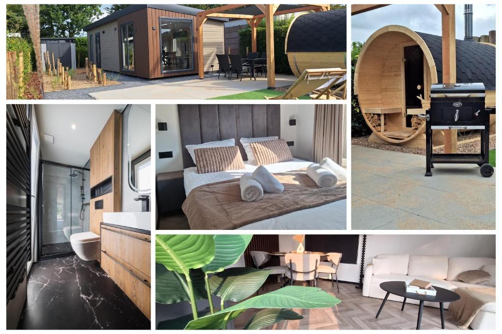 a collage of pictures of a bedroom and a house at 'Relax Lodge Sea' - Wellness lodge in Zeeland - Private Sauna - Airco - Garden - Outdoor Swimming pool - Free Wifi, Towels & Bed linen in Heinkensand