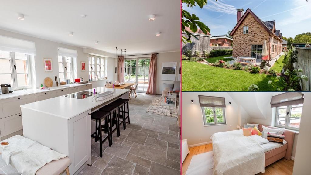 a collage of photos of a kitchen and a house at Storchennest in Wyk auf Föhr