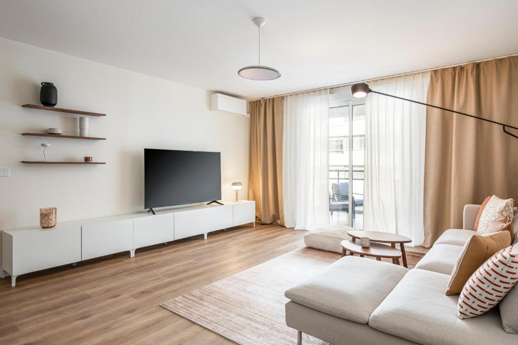 un salon avec un canapé et une télévision dans l'établissement Savana - apt à 10min du Capitole, à Toulouse