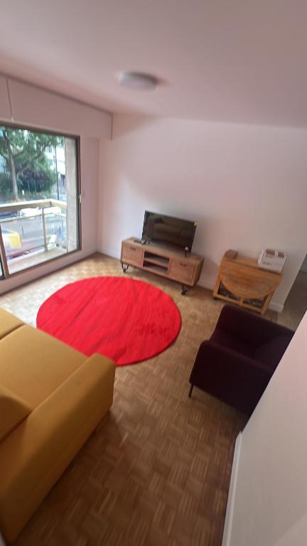 - un salon avec un tapis rouge et un canapé dans l'établissement New Apartment in Paris, à Paris