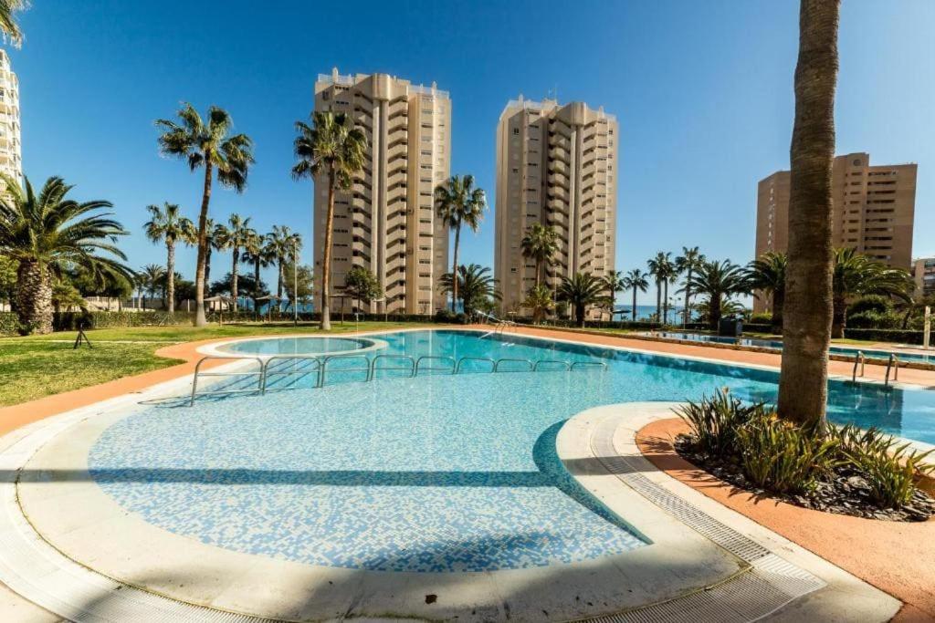 a large swimming pool with palm trees and buildings at Playa Muchavista Terraza Vista Mar in La Venteta