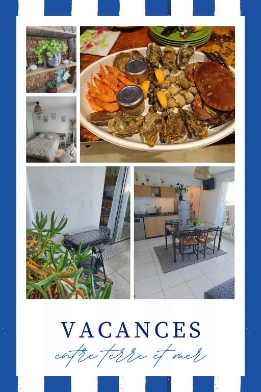 un collage de différentes photos de denrées alimentaires sur les plaques, dans l'établissement Appartement aux portes de l'ocean et de la ria, à Plouharnel