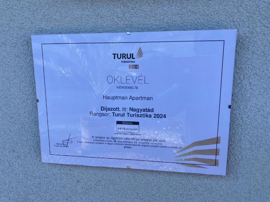 Certifikát, hodnocení, plakát nebo jiný dokument vystavený v ubytování Hauptman apartman