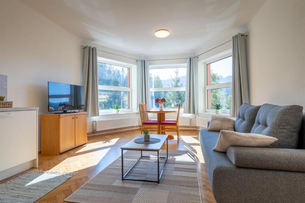 Una sala de estar con un sofá y un televisor. en Villa Weber Apartments, en Albrechtice v Jizerských horách