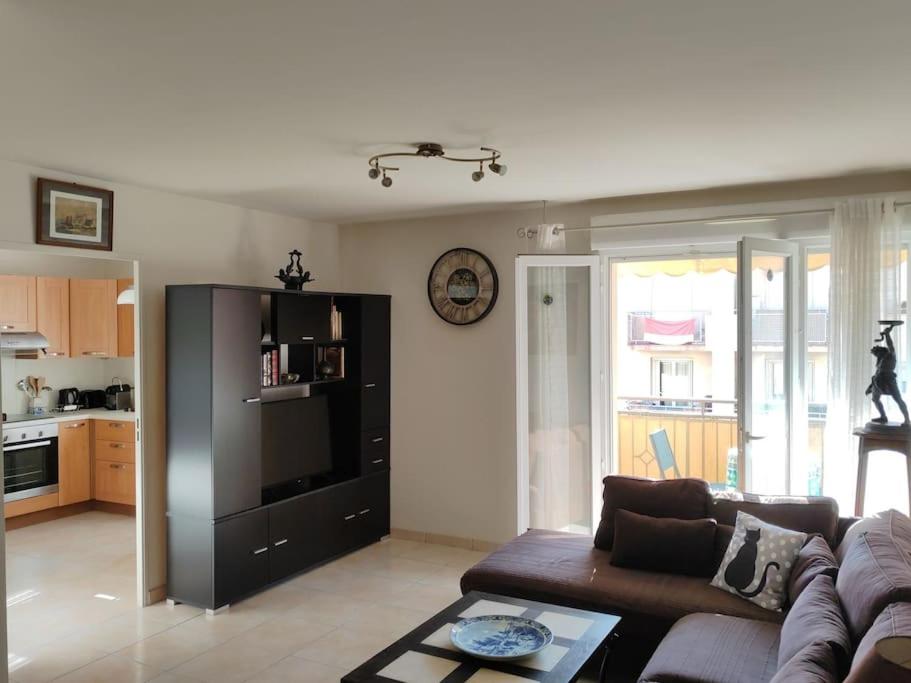 un salon avec un canapé et une cuisine dans l'établissement Charmant 3 pièces classé 3 etoiles en centre ville, à Beaulieu-sur-Mer