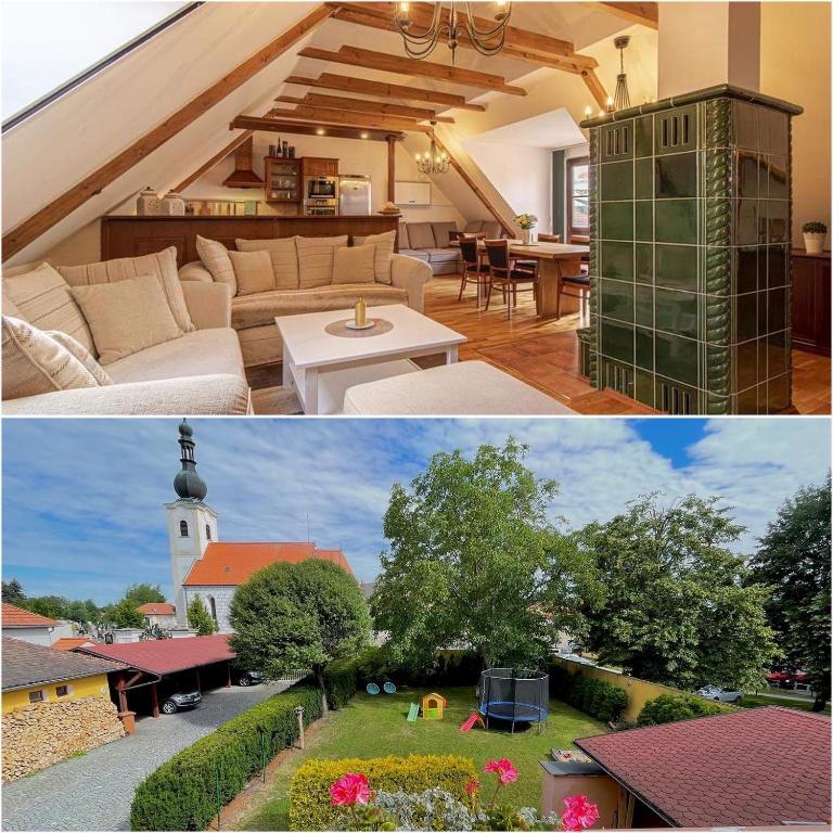 two pictures of a living room and a house at Historický dům u lázní in Třeboň