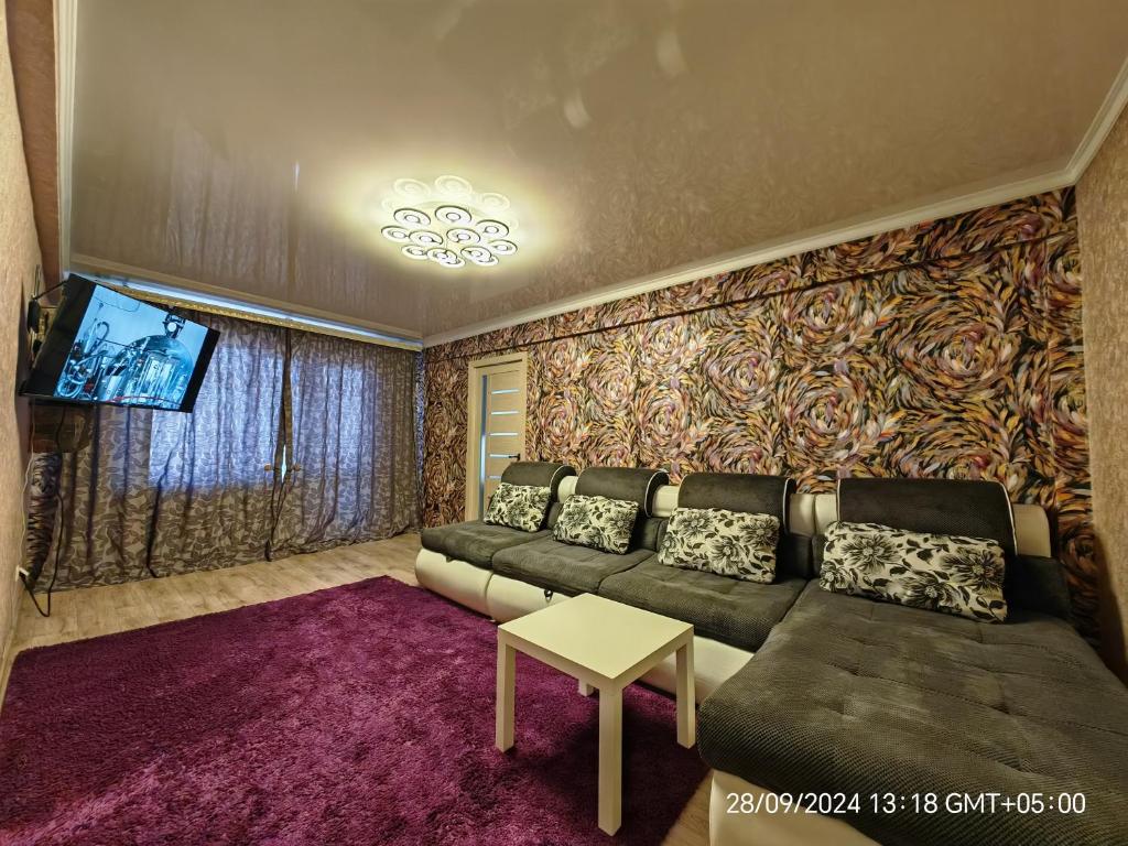 バルハシにあるУютная квартираのソファとテレビのあるリビングルーム