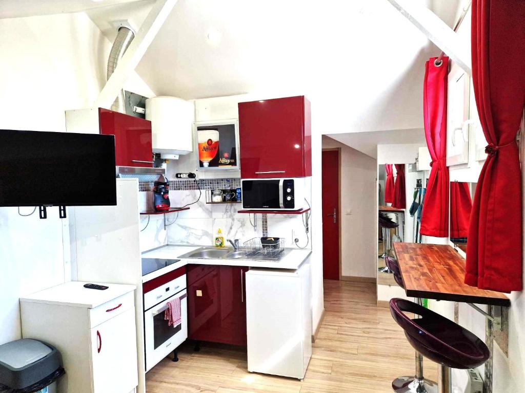 Kuchnia lub aneks kuchenny w obiekcie 08 - Très joli studio tout équipé avec parking privatif gratuit, grand fourgon possible, tout le linge de maison est fourni