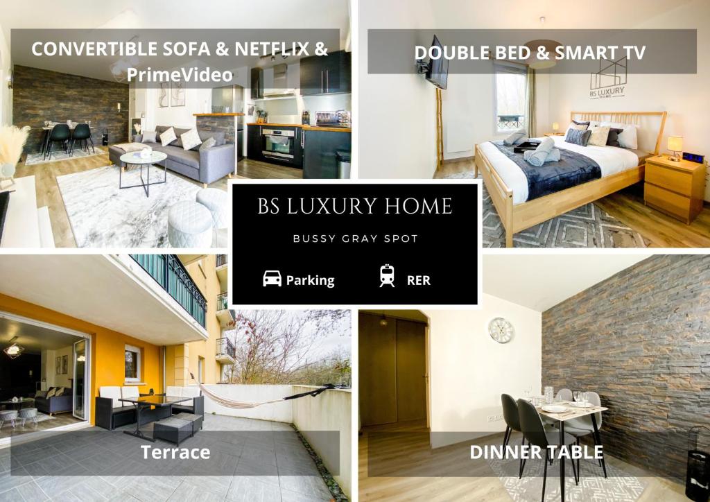 un collage de photos d'une chambre et d'un salon dans l'établissement Bussy Gray Spot - RER Centre & Parking, à Bussy-Saint-Georges
