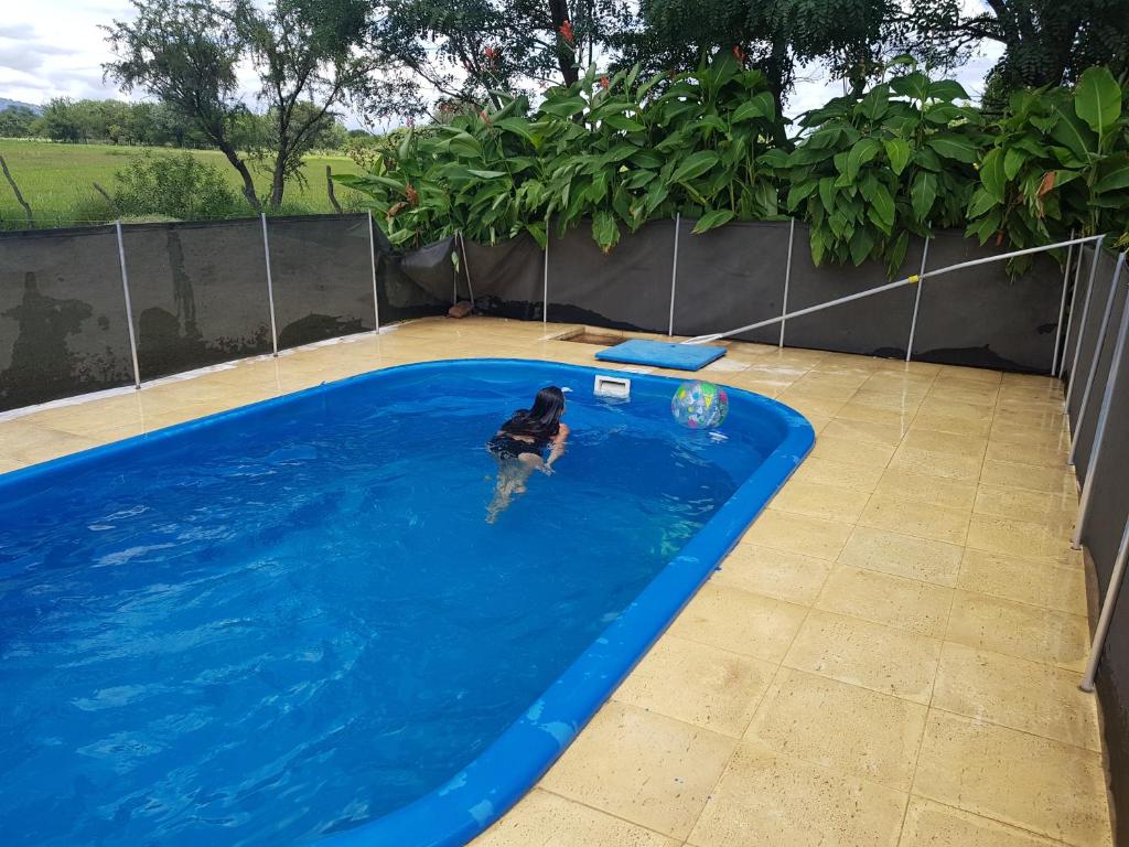 un cane nuota in una piscina di Casa de campo boutique a 18 minutos de Merlo a Cortaderas