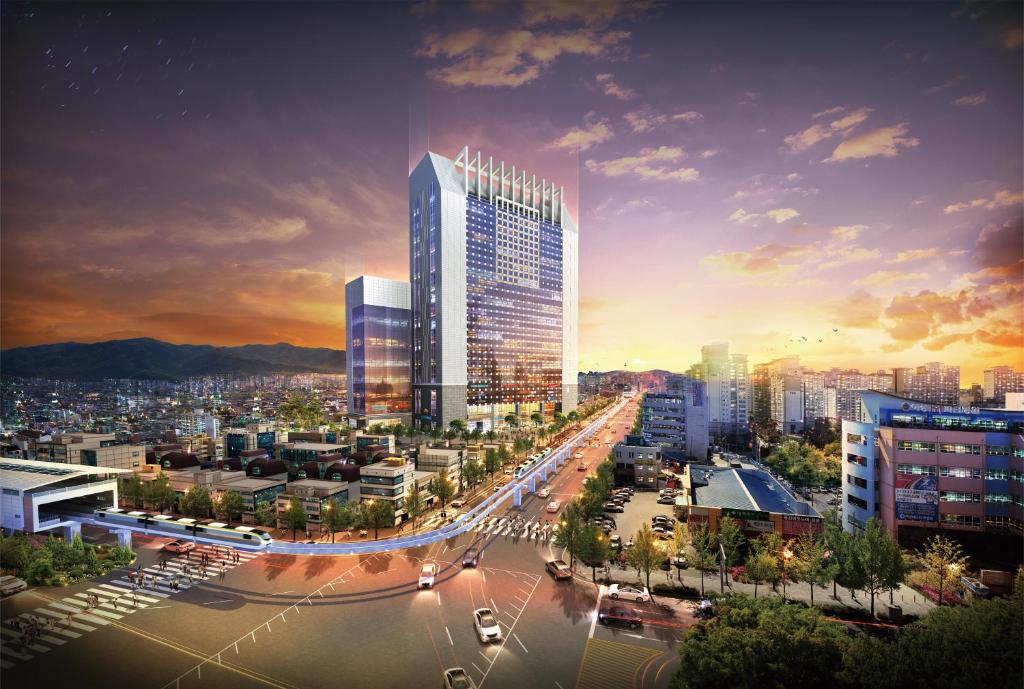 uma representação de uma cidade com um edifício alto em Hotel Laonzena em Daegu