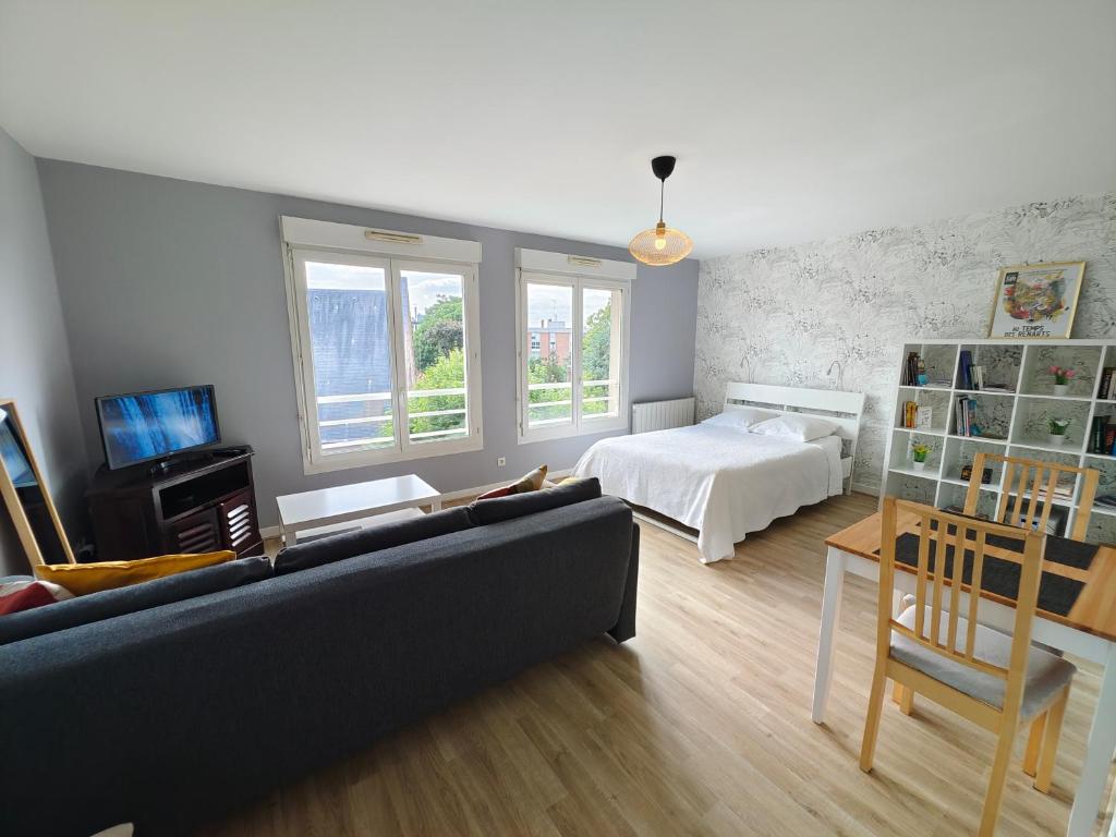 un salon avec un canapé et un lit dans l'établissement Appartement Botanique, à Lille