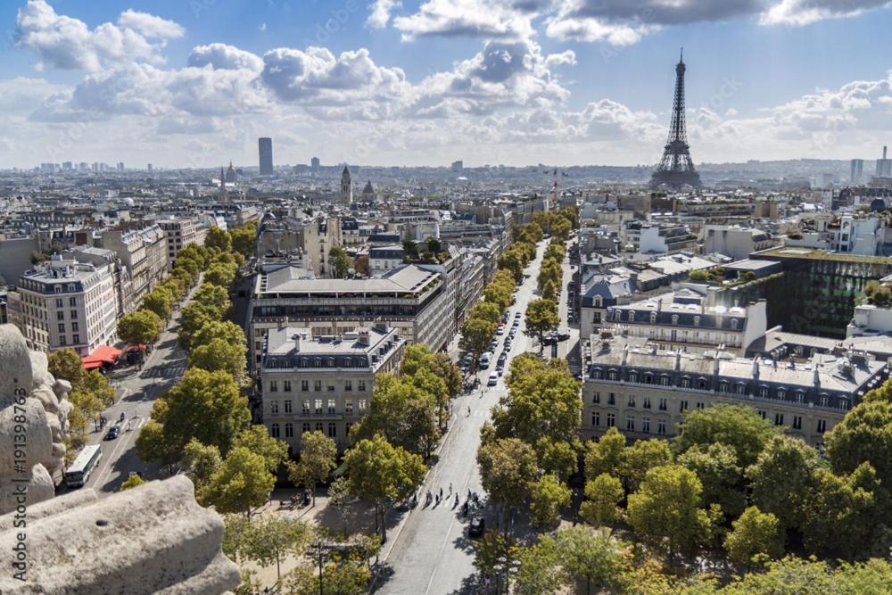 an aerial view of a city with the eiffel tower at Penthouse champs elysées above 5 stars hotel berri champs elysées in Paris