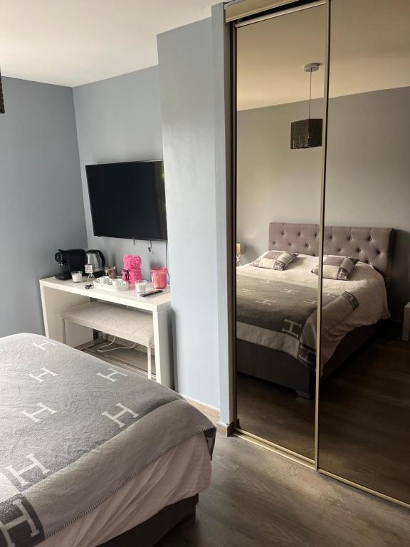 une chambre avec deux lits, un bureau et un miroir dans l'établissement Écrin de verdure, à La Tour-de-Salvagny