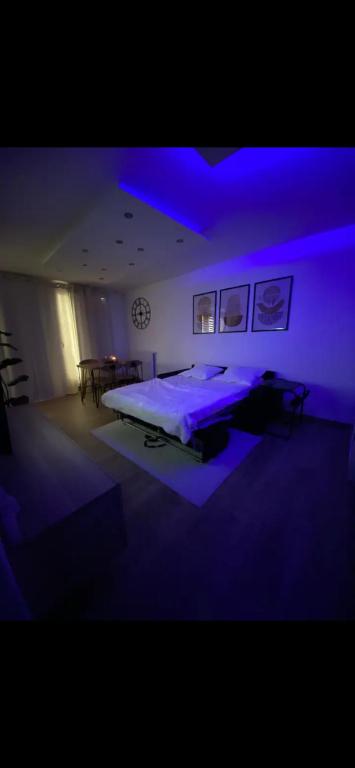 - une chambre avec un lit à éclairage violet dans l'établissement Magnifique studio, à Dugny