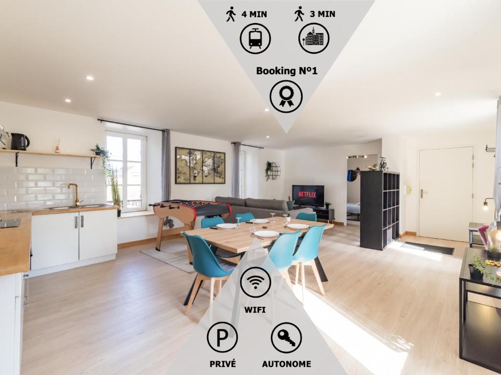 une cuisine et un salon avec une table et des chaises dans l'établissement Le Spacieux Baby foot 3 chambres Parking Centre, à Guingamp