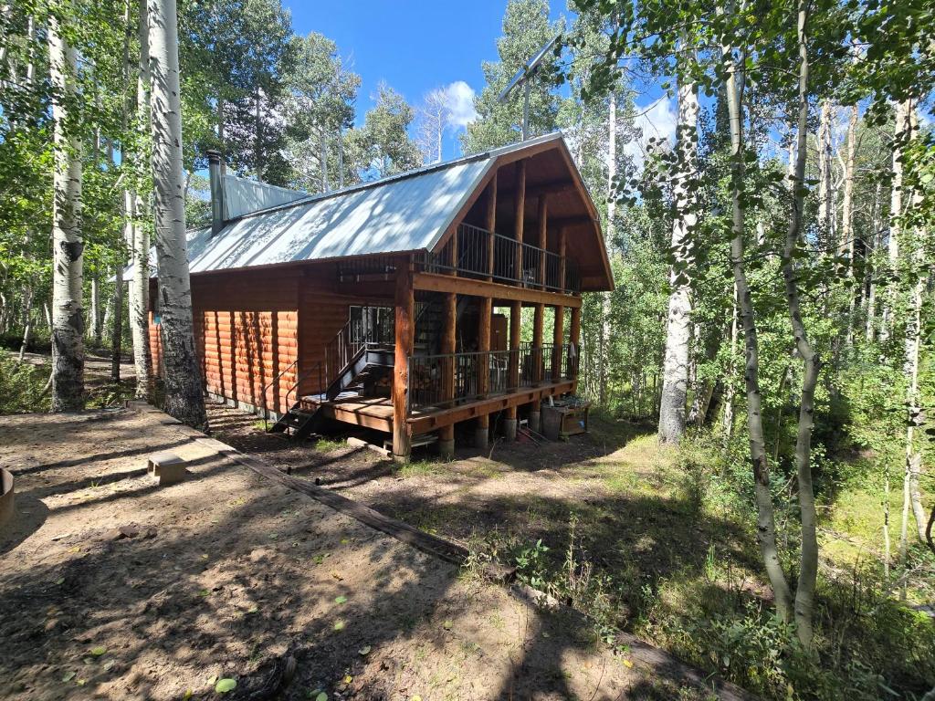 une cabane en rondins entourée d'arbres dans l'établissement Camp Jackson Host Cabin, à Verdure