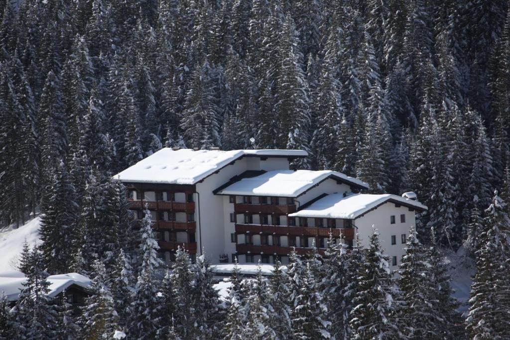 un edificio cubierto de nieve con árboles en el fondo en Residence Edelweiss, en San Martino di Castrozza