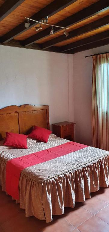 a bedroom with a large bed with red pillows at Club JM Lanzarote in Tabayesco