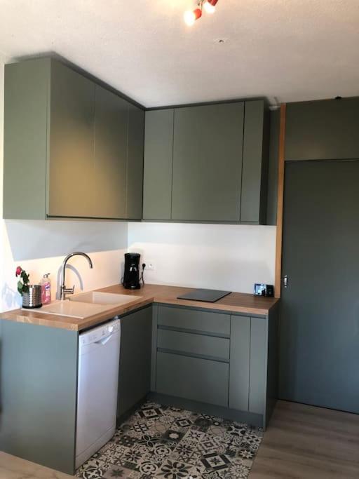 eine Küche mit grünen Schränken und einem Waschbecken in der Unterkunft T2 Rez-de-chaussée terrasse et table extérieure in Enchastrayes