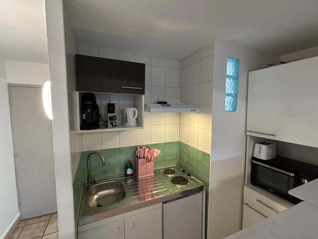 une petite cuisine avec un évier et un comptoir dans l'établissement Studio Nîmois bien équipé avec parking, à Nîmes