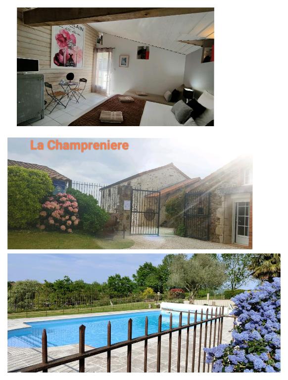 deux photos d'une maison et d'une piscine dans l'établissement La Champrenière, à Puy-du-Fou