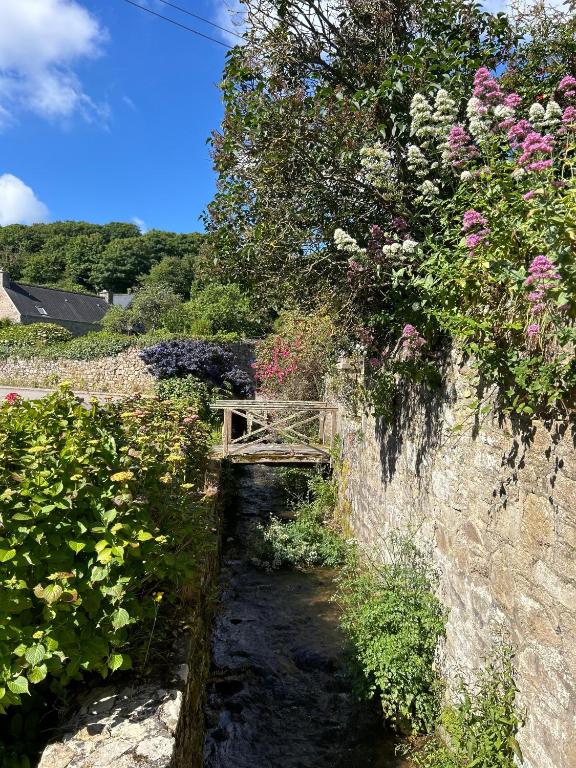 un chemin avec des fleurs sur le côté d'un mur dans l'établissement Cottage normand - charme et authenticité, à Omonville-la-Rogue