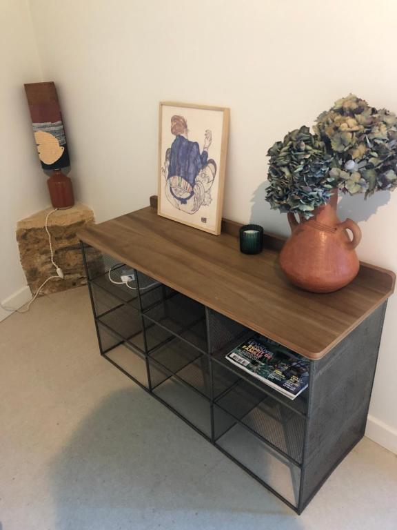 une table avec une photo et une plante sur celle-ci dans l'établissement Le joli studio bleu & vert de St Pierre, à Saint-Pierre-dʼAurillac