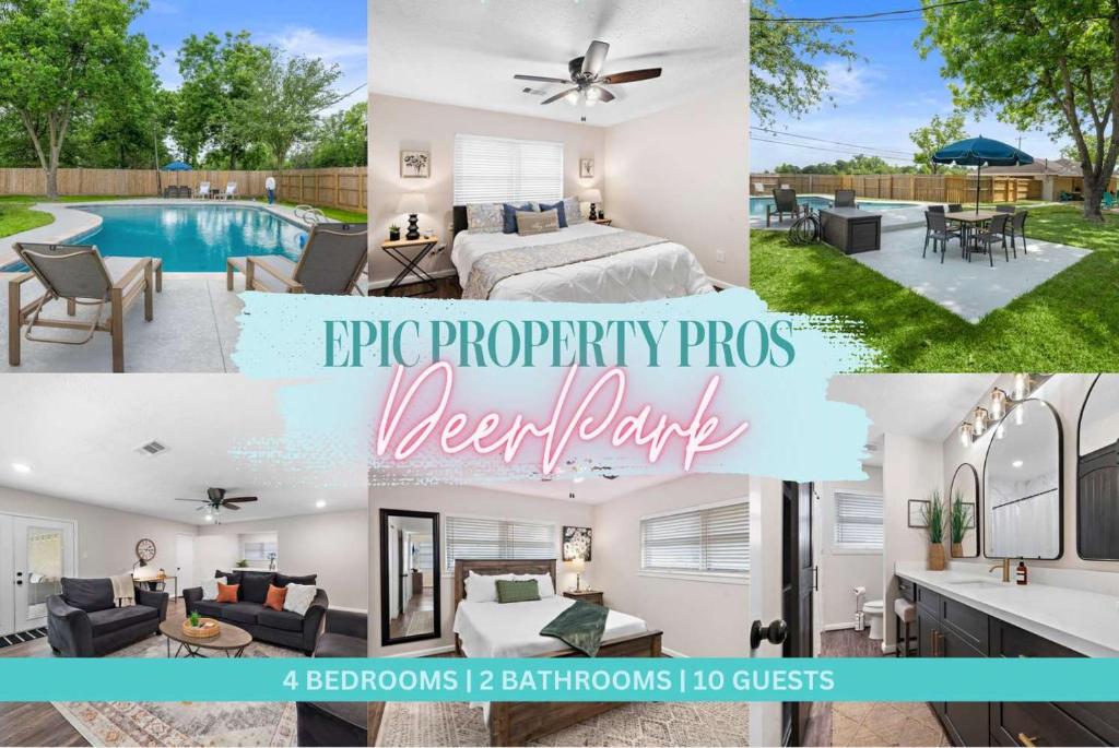een collage van foto's van een slaapkamer en een zwembad bij Pool 5 Star Large Deer Park home Super Host in Deer Park