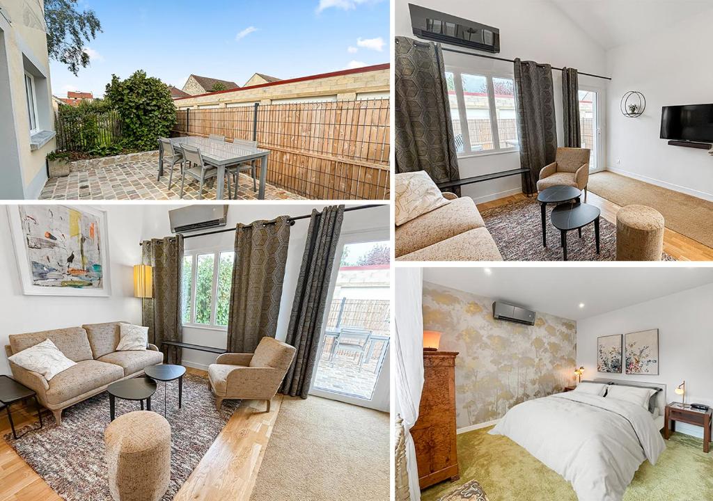 a collage of photos of a bedroom and a living room at proche de Paris, La Parenthèse, Parking securisé, Terrasse privée, 1 chambre in Brétigny-sur-Orge