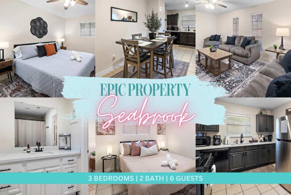 eine Collage mit Fotos von einem Schlafzimmer und einem Wohnzimmer in der Unterkunft Seabrook Sanctuary Cozy 3BR Home Perfect for Families Privacy & Comfort Galore in Seabrook