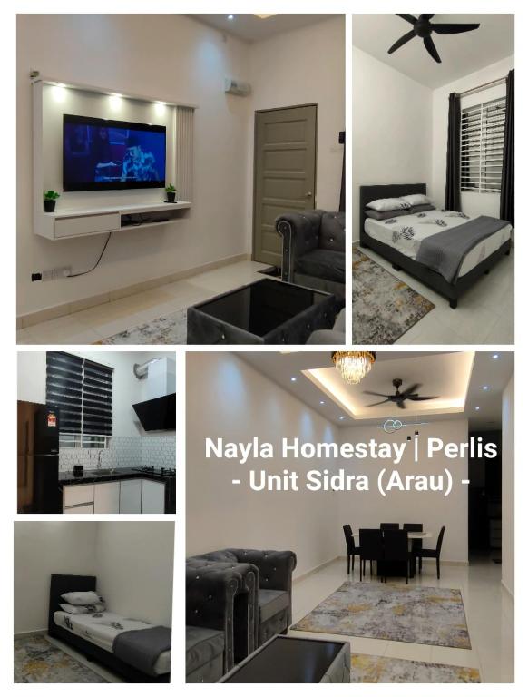 a collage of pictures of a living room with a tv at NHP SIDRA Arau in Kampung Kok Kelang