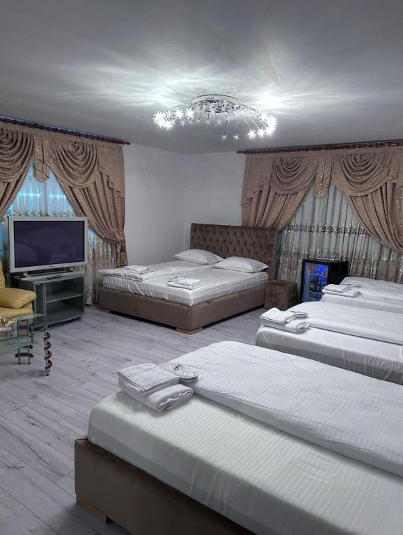 a bedroom with two beds and a flat screen tv at Villa Sara in Târgu Jiu