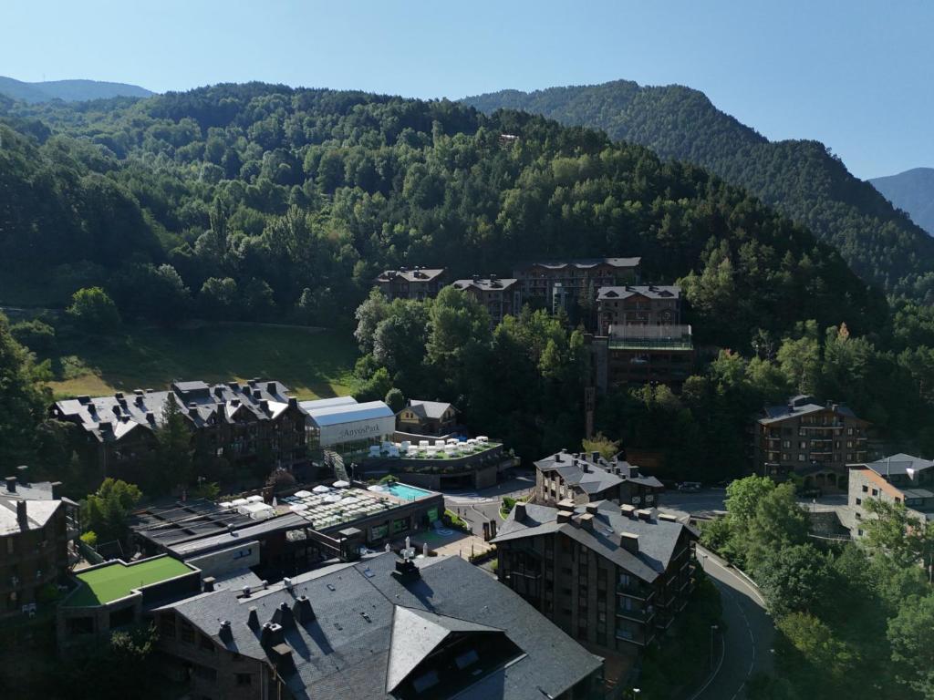 an aerial view of a town with a mountain at Aparthotel AnyosPark Mountain & Wellness Resort in Anyós
