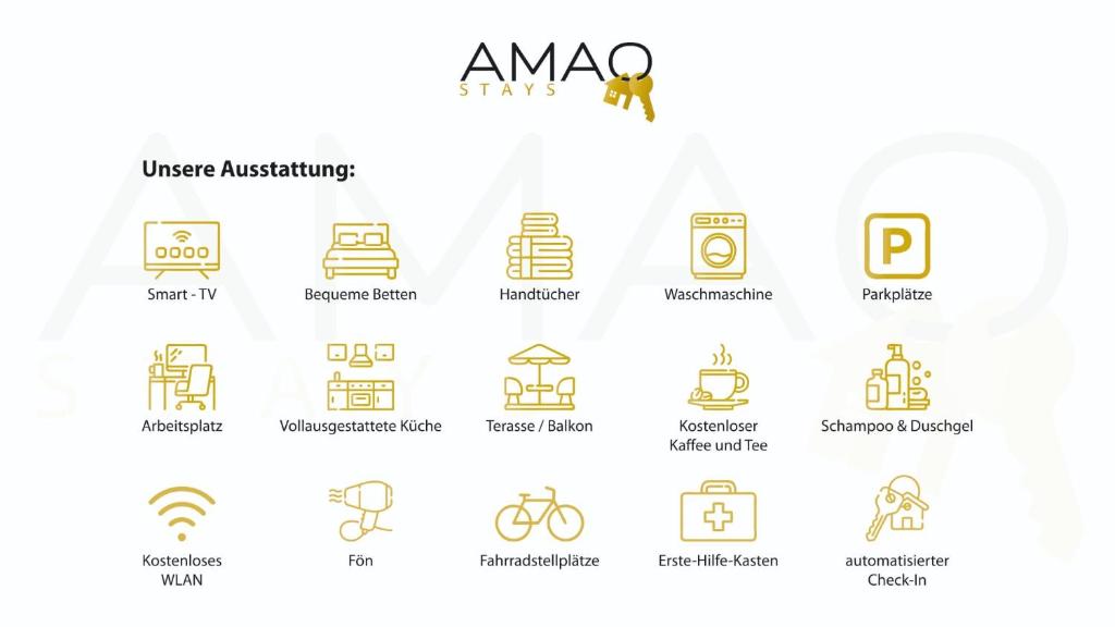 a set of line and pixelated icons of amazon at AMAO-Curry - City Center - 100 m2 - 7 Personen - Balkon - 2 Schlafzimmer - KingSize Betten in Lahr
