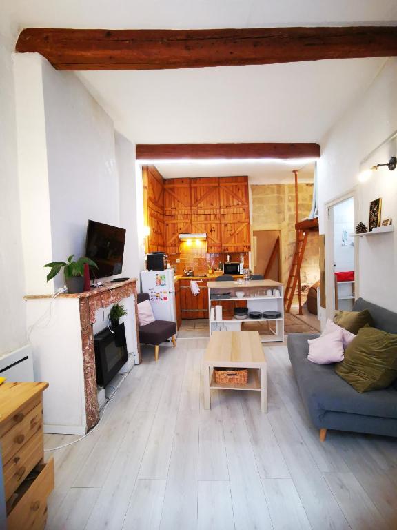 un salon avec un canapé et une table dans l'établissement Appartement cosy cœur historique de Montpellier, à Montpellier