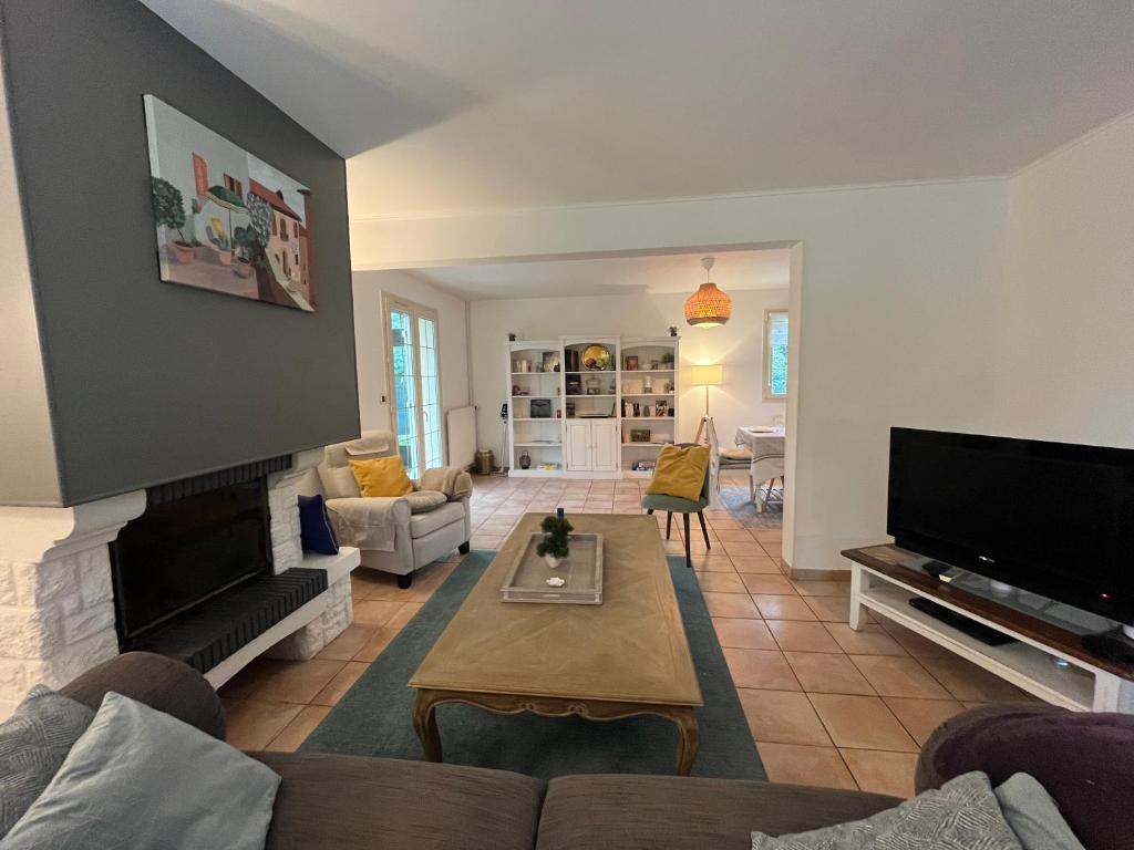 un salon avec un canapé et une télévision dans l'établissement Le Jardin du Dan, à Mathieu