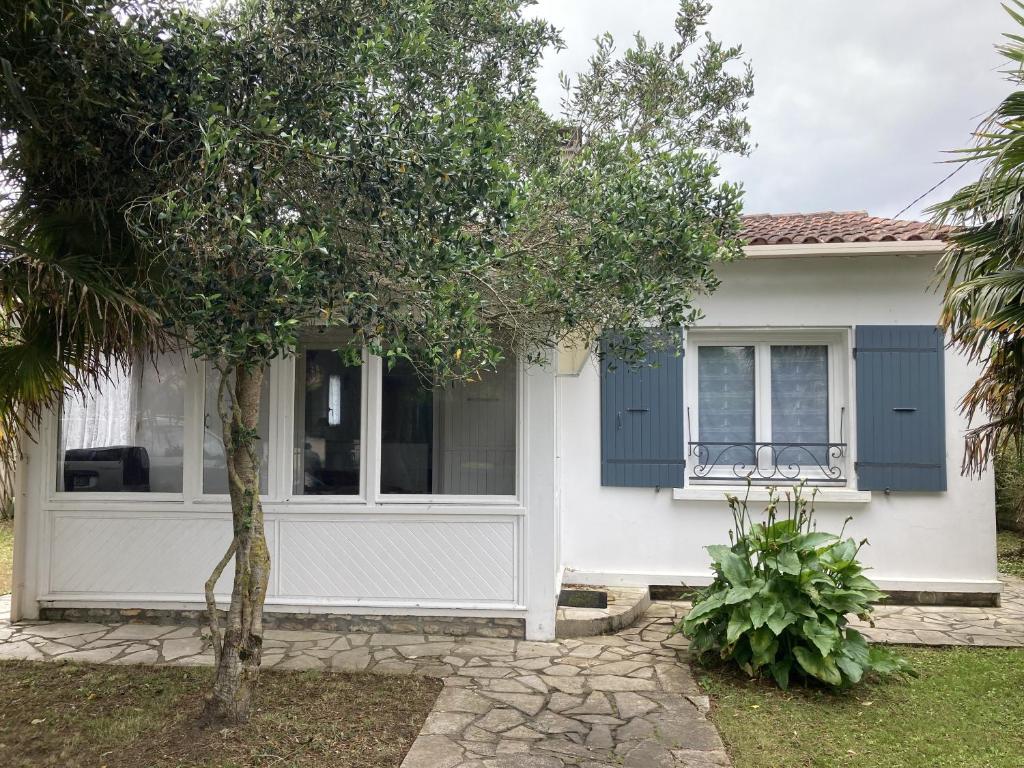 une maison blanche avec une fenêtre et un arbre dans l'établissement Les matelots - 700m plage, à Saint-Georges-dʼOléron