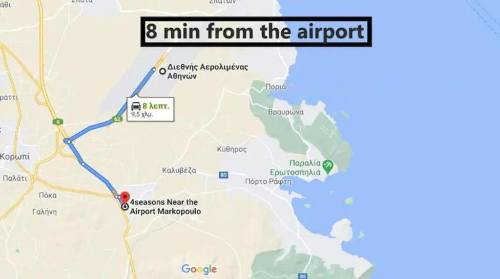 a map of a trip to the airport at 4 Seasons Suites Paradise Athens Airport in Markopoulo