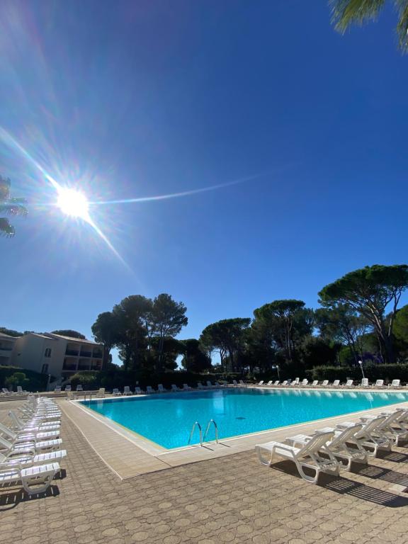 - une piscine avec des chaises longues blanches et un parasol dans l'établissement Charmant studio tout équipé, à Saint-Raphaël