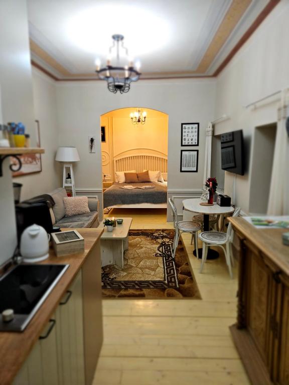 a kitchen and living room with a view of a bedroom at Apartmán Marína in Banská Štiavnica