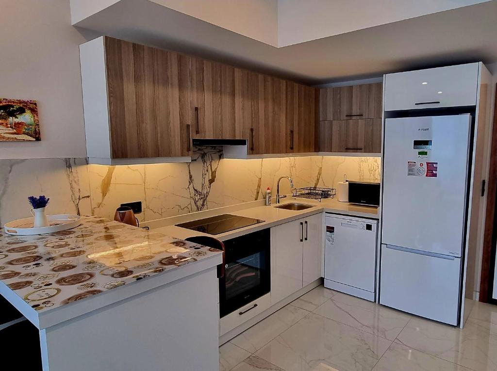 Kuchyň nebo kuchyňský kout v ubytování Apartment Cleopatra beach
