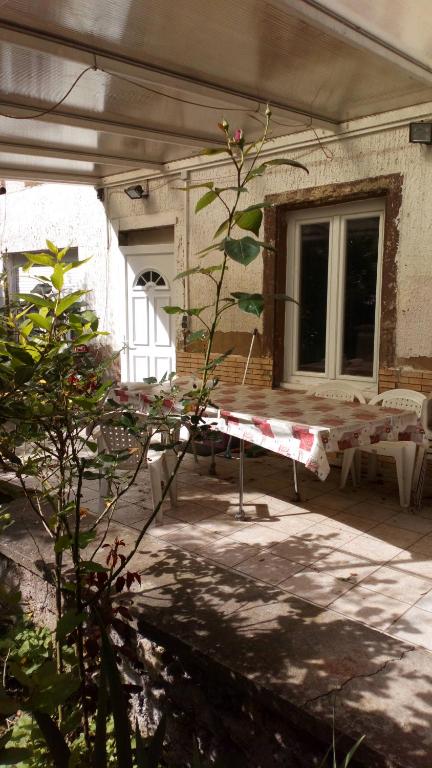 a patio with a table and a tree in front of a building at Josie's Cozy Home in Boulay - Moselle