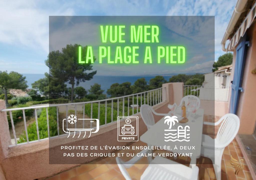 Un panneau indiquant que nous étions à la place un pied sur un balcon dans l'établissement Panorama Du Levant - vue Mer panoramique 4 pers 400m plage - Parking - CapitalChic Services Saint Raphael, à Saint-Raphaël