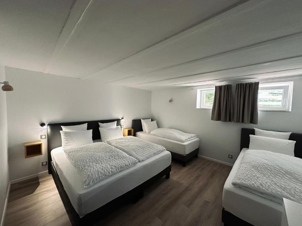 une chambre avec deux lits et deux fenêtres dans l'établissement Le Parc 96 - Gîte aux Portes de Colmar, à Wintzenheim