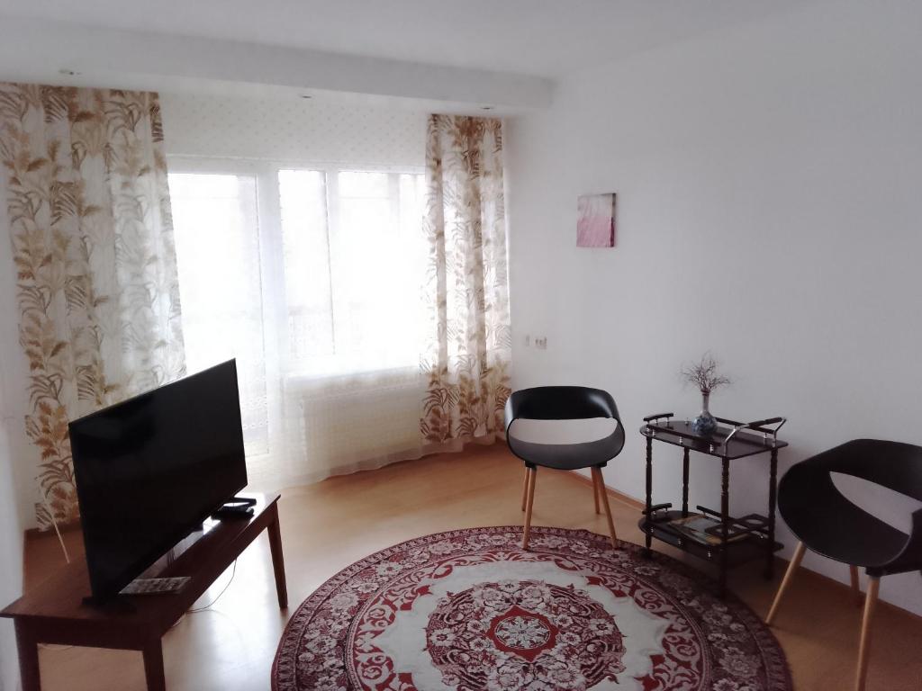 a living room with a television and a rug at Apartment near the Sea in Ventspils