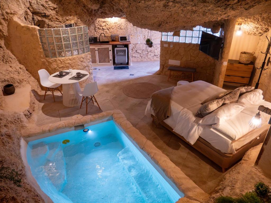 1 dormitorio con cama y piscina en Nicpa Cueva Escondida Exclusive, en Santa Cruz de Tenerife