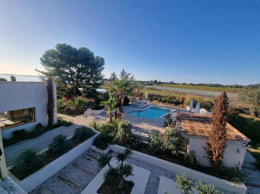 une vue aérienne d'une villa avec piscine dans l'établissement Mas au Bord de L'étang, à Vic-la-Gardiole