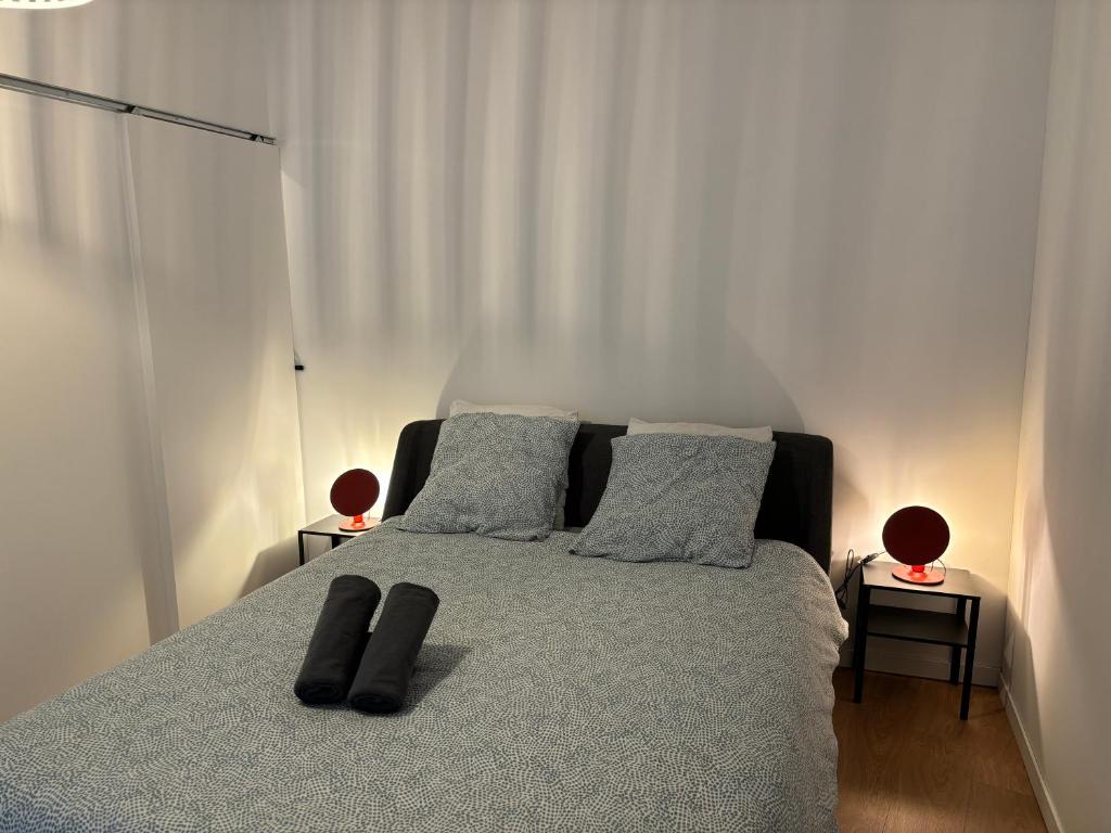 una camera da letto con un letto con due cuscini sopra di Les Studios de Clément a Poitiers