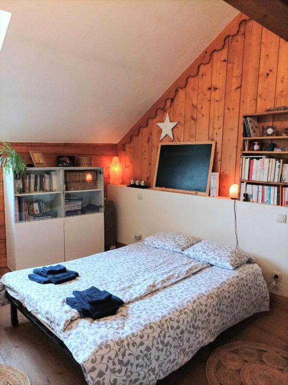 une chambre avec un lit et une télévision au mur dans l'établissement Jolie chambre châlet Chez Marine, à Gilly-sur-Isère
